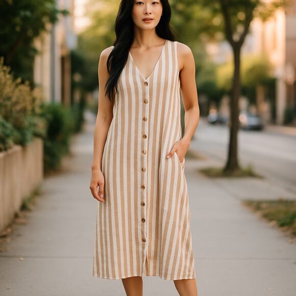 Old Navy Button Down Dress Size XL Sleeveless Striped Lace Up Back Linen Blend - Picture 1 of 7